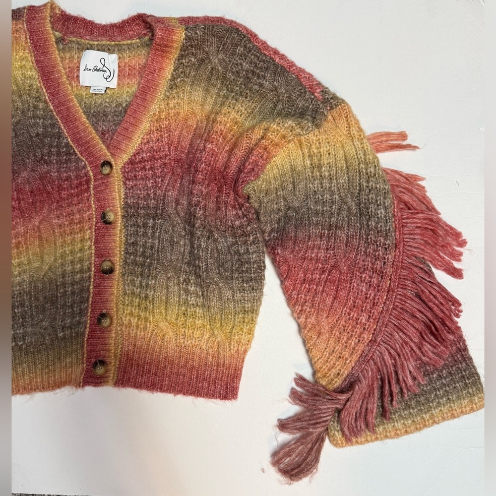 Sam Edelman Vibrant Fringe Cardigan Sweater bell sleeve wool size M - Picture 7 of 16